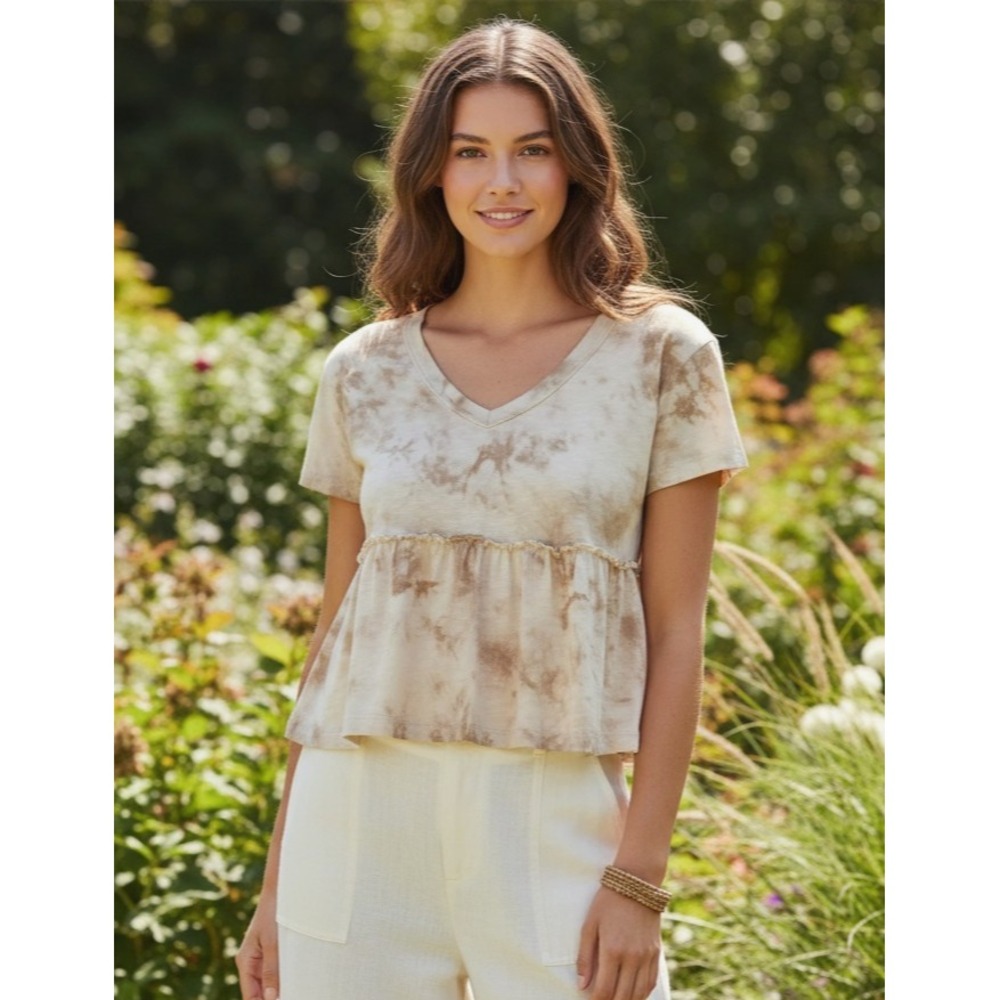 NEW So Beige Cream M Tie Dye V Neck Peplum Tee Top Flowy Boho Babydoll Cottage